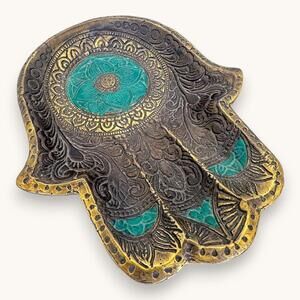 Antique Brass Hamsa Hand Trinket Dish - Turquoise Enamel Inlay 7"